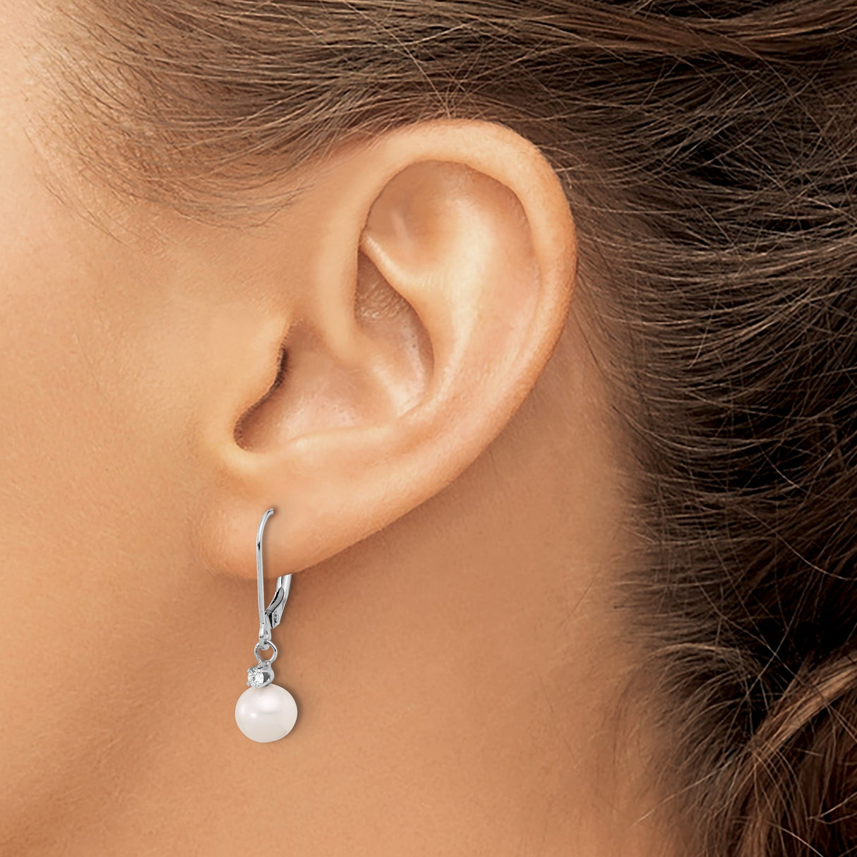 14k White Gold Dangle Earrings with White Pearl and Diamond Accents, Drop Style for Women