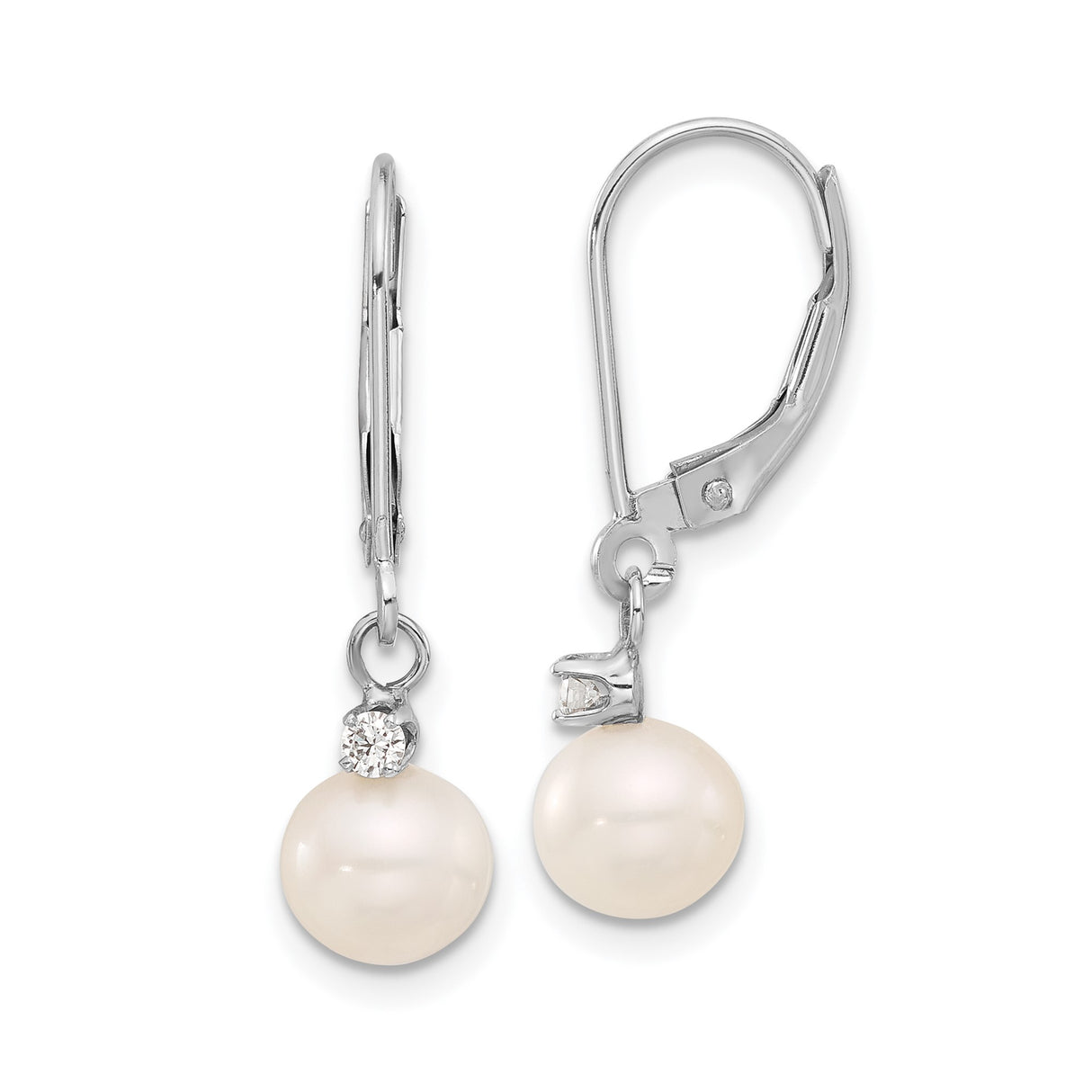 14k White Gold Dangle Earrings with White Pearl and Diamond Accents, Drop Style for Women