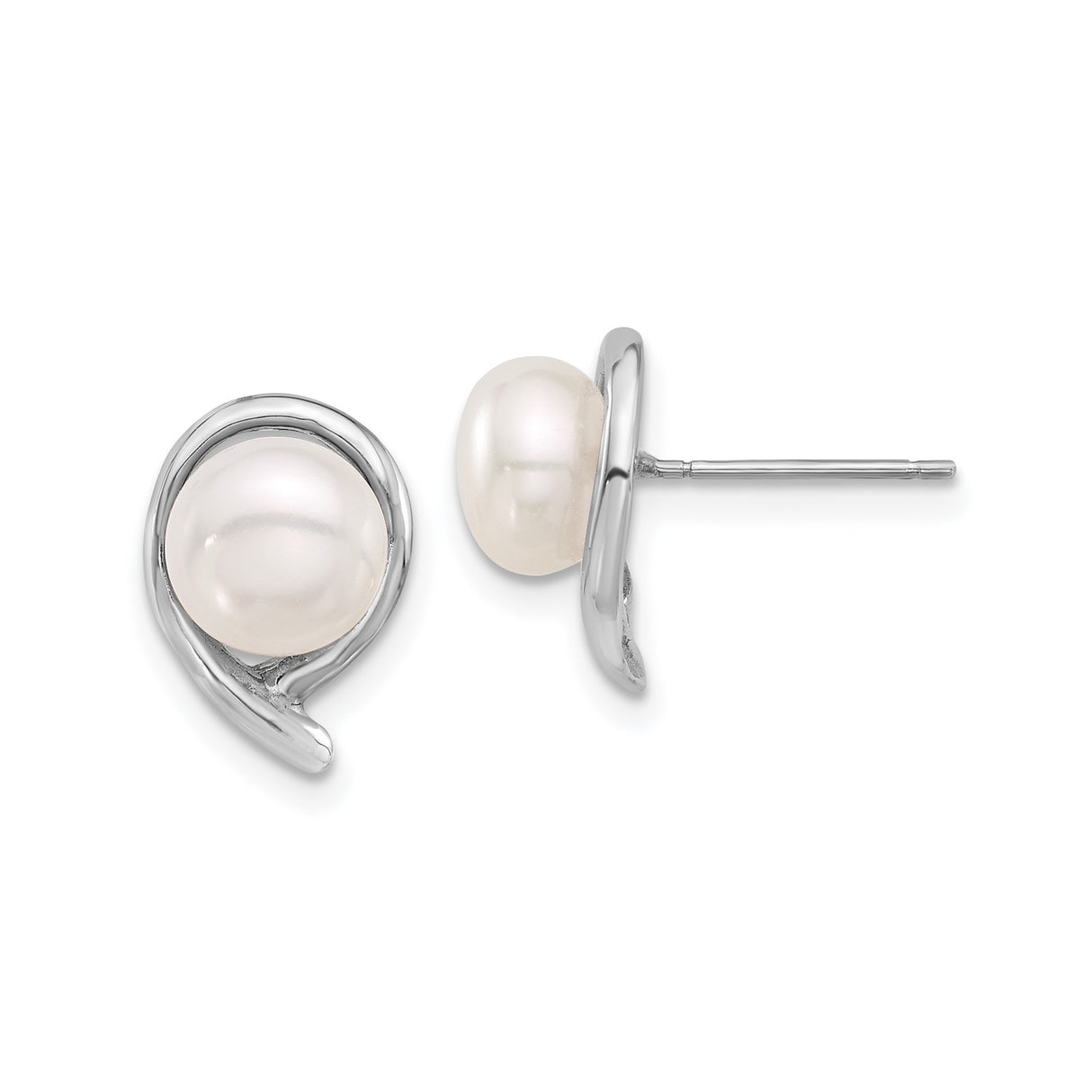 14k White Gold Pearl Stud Earrings with Modern Swirl Design