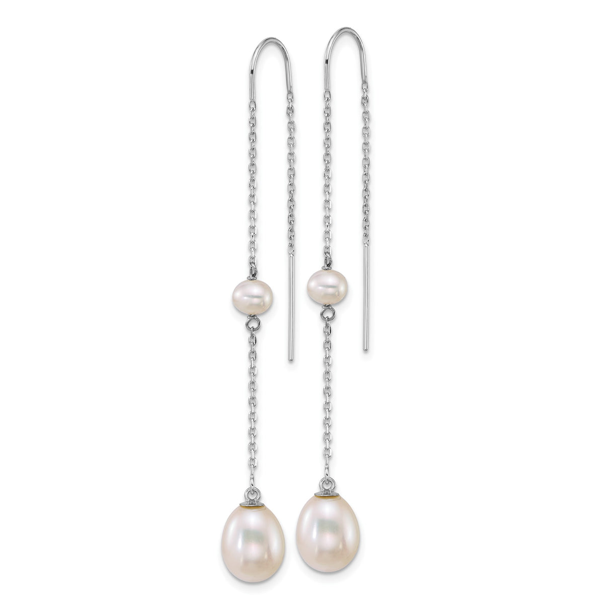14k White Gold Threader Earrings with Cultured Freshwater Pearls, Modern Minimalist Drop Design