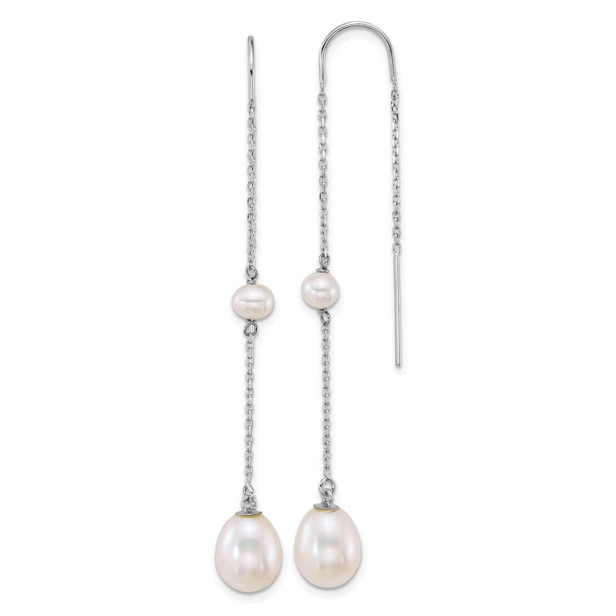 14k White Gold Threader Earrings with Cultured Freshwater Pearls, Modern Minimalist Drop Design