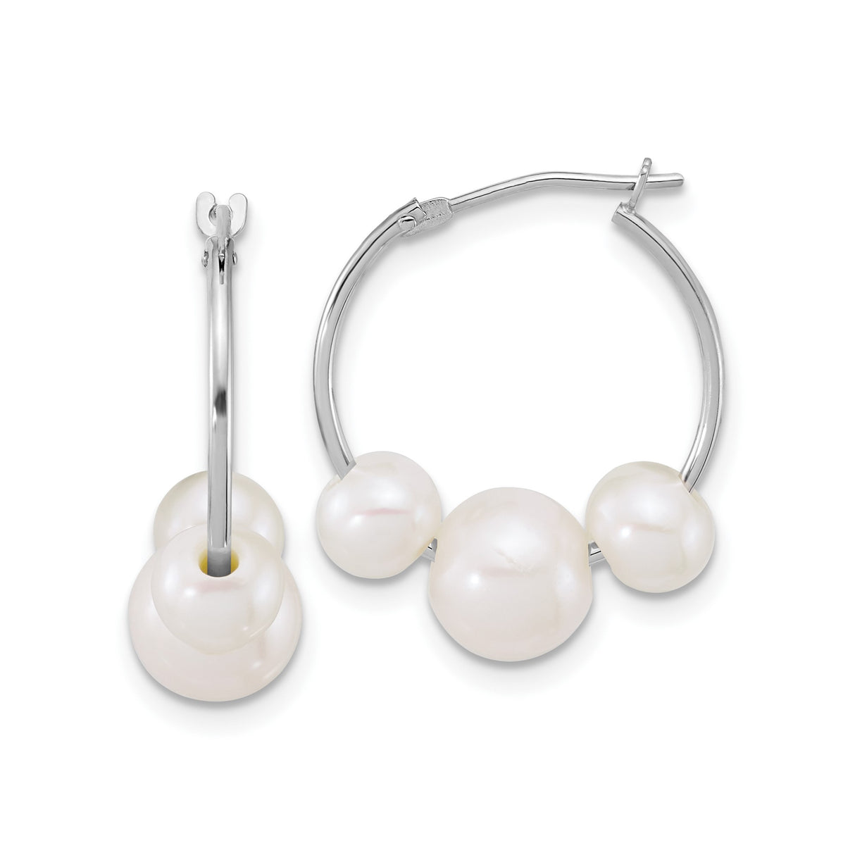 14k White Gold Hoop Earrings with Three Freshwater Cultured Pearls, Timeless Design