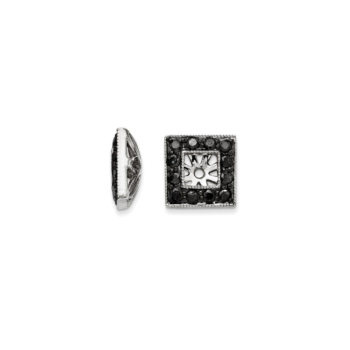 14k White Gold Square Charm Bead with Black Diamond, Cutout Center and Geometric Gothic Design