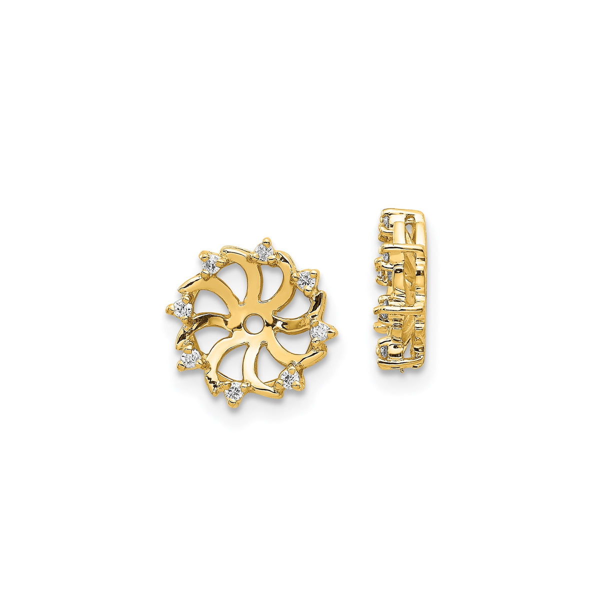 14k Yellow Gold Earring Jackets with Diamond, Floral Sunburst Design, Cubic Zirconia Accents