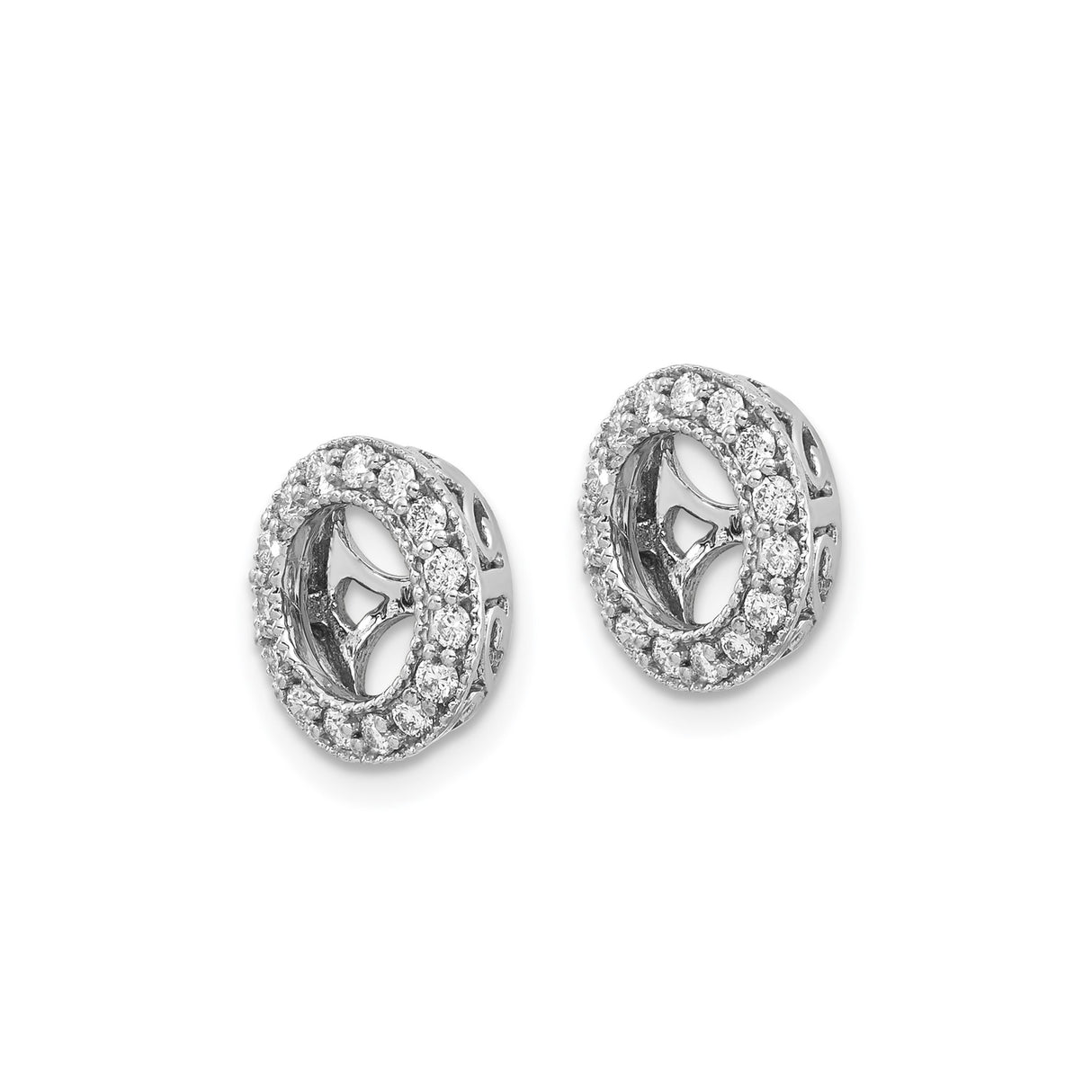14k White Gold Earring Jackets with Diamond, Floral Cutout and Vintage Filigree Halo Design