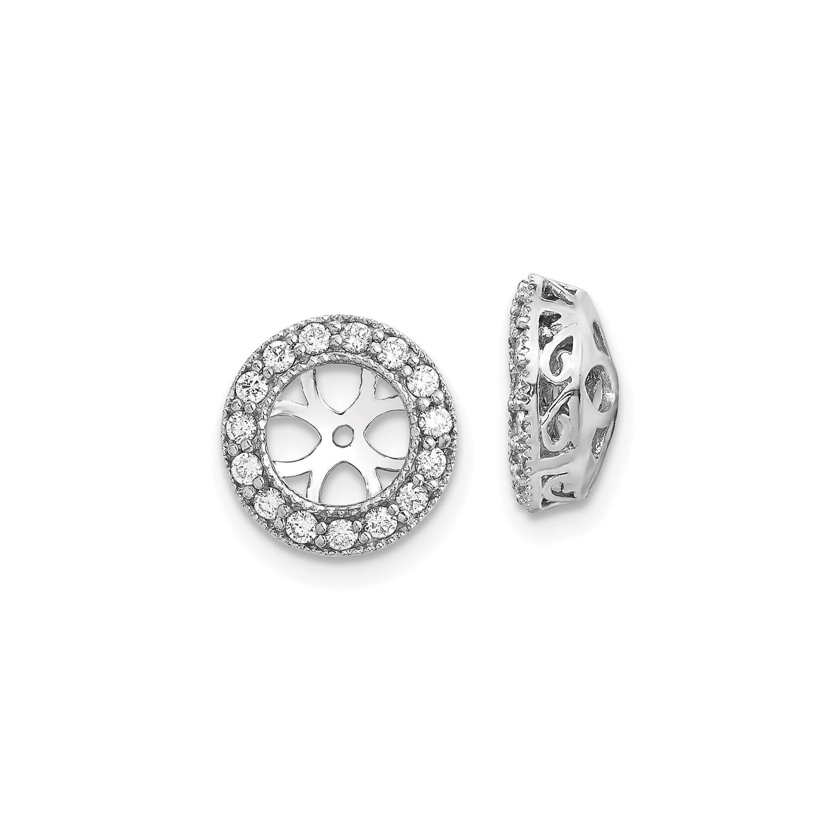 14k White Gold Earring Jackets with Diamond, Floral Cutout and Vintage Filigree Halo Design