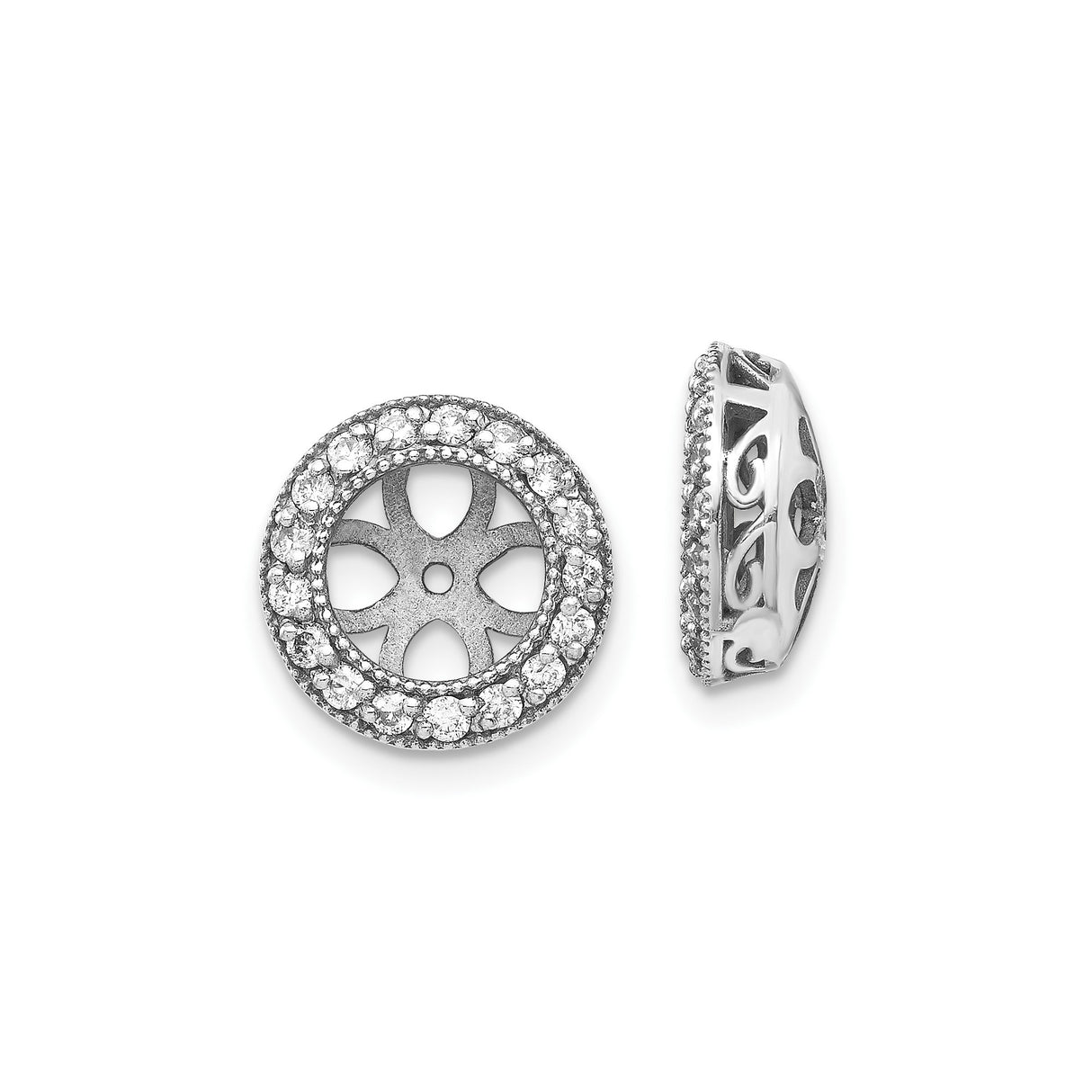 14k White Gold Circular Pendant with Diamond Halo and Floral Starburst Filigree Design