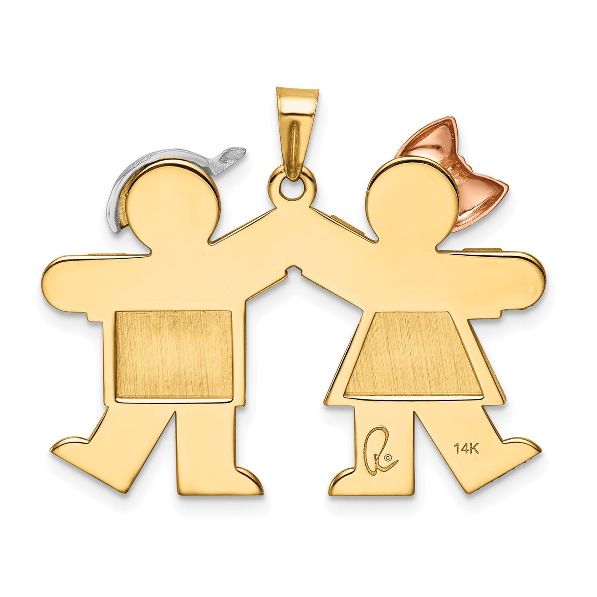 14k Tri-Color Gold Boy and Girl Pendant with Rose Gold Bow and White Gold Cap Accents