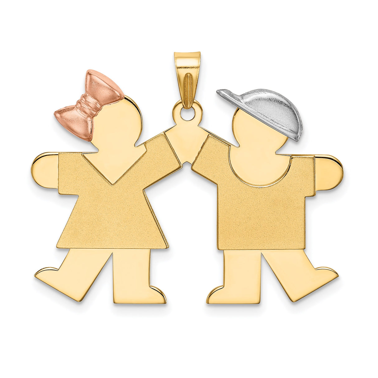 14k Tri-Color Gold Boy and Girl Pendant with Rose Gold Bow and White Gold Cap Accents