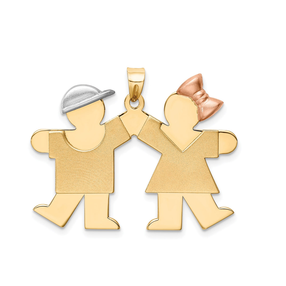 14k Tri-Color Gold Pendant with Boy and Girl Holding Hands, Family Love Charm
