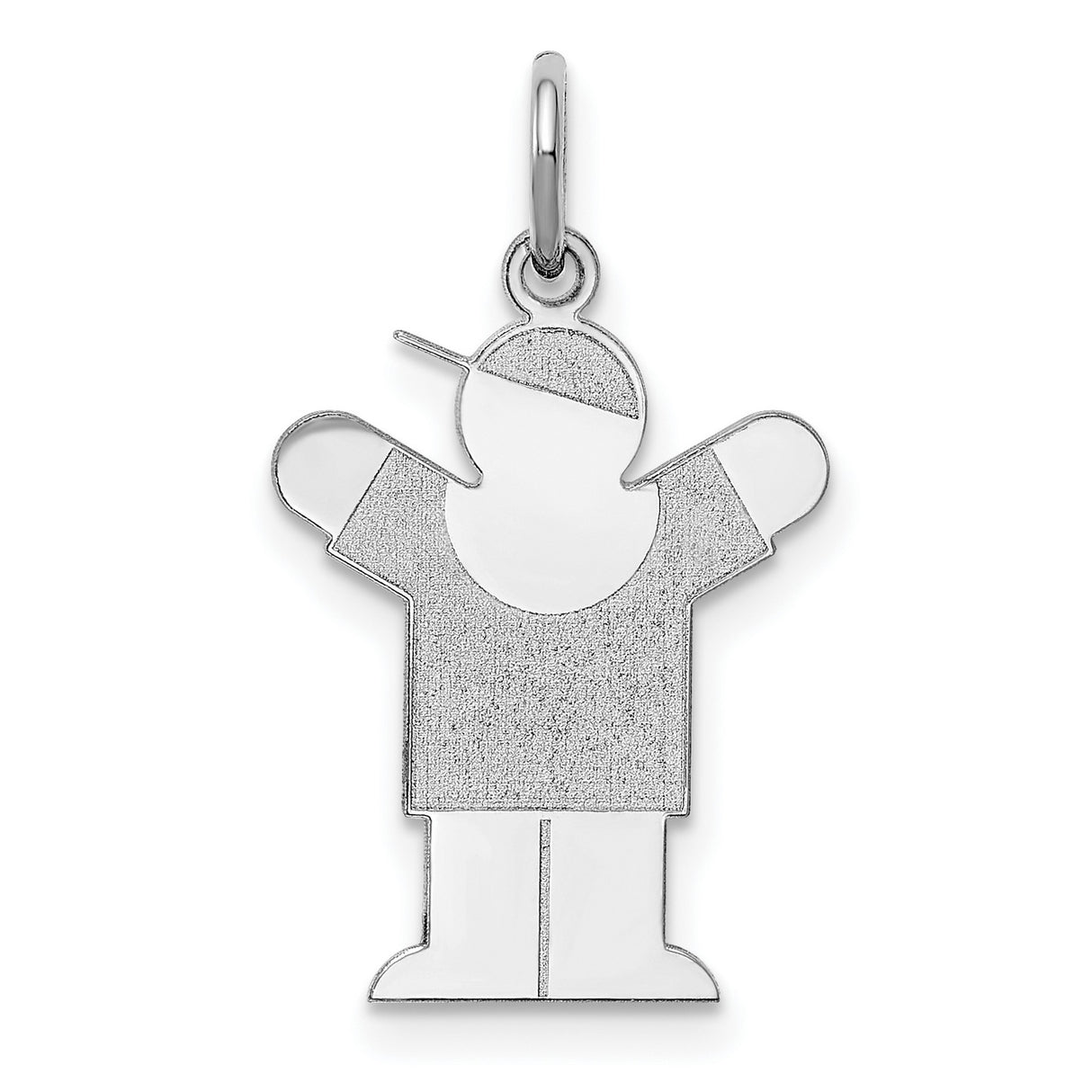 14k White Gold Boy Charm Pendant with Cap and Raised Arms, Polished and Textured