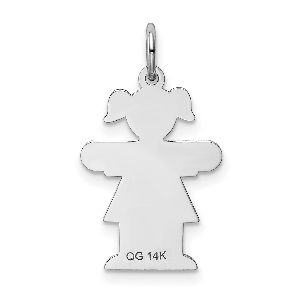 14k White Gold Girl Pendant with Pigtails and Dress Detail, Family Charm Jewelry