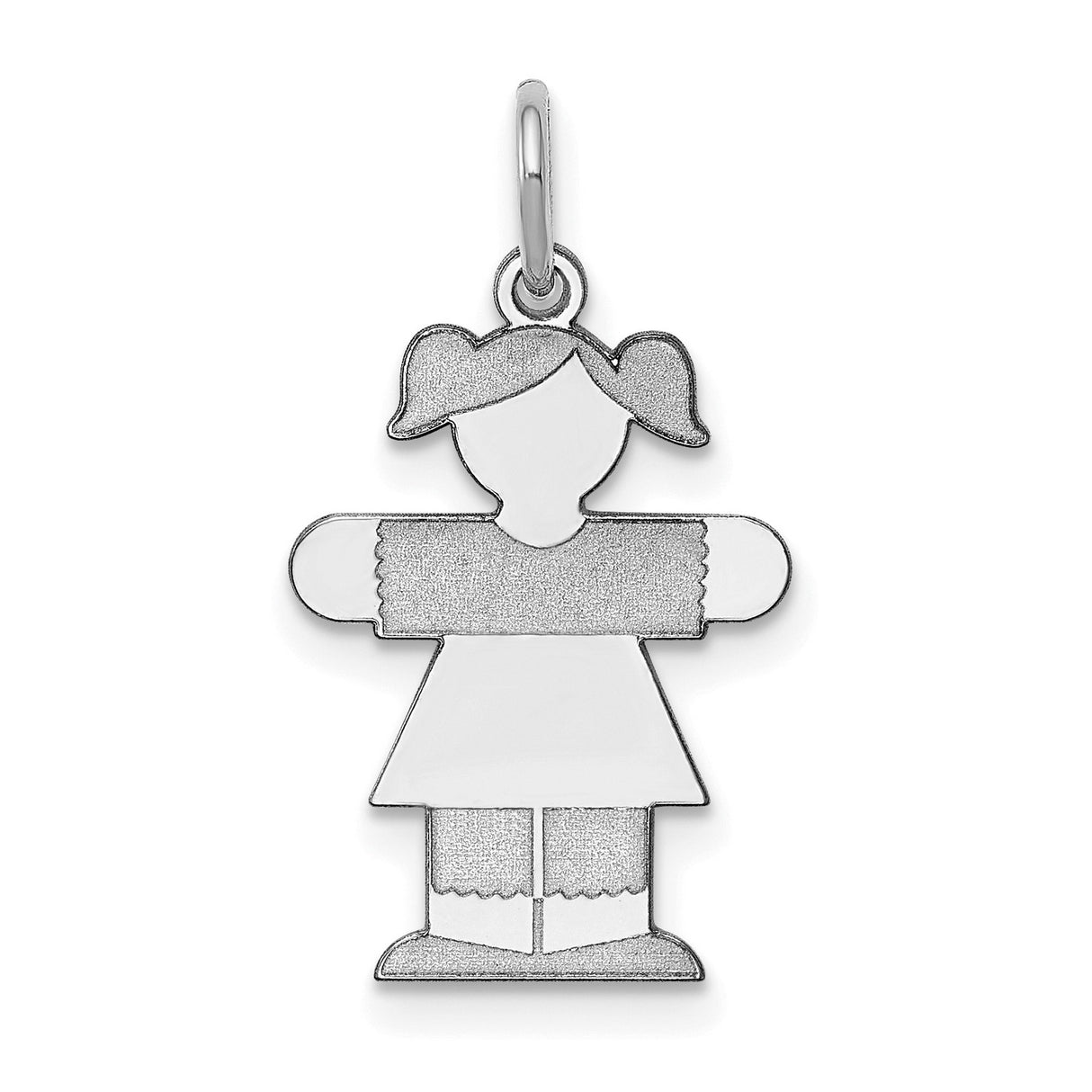14k White Gold Girl Pendant with Pigtails and Dress Detail, Family Charm Jewelry