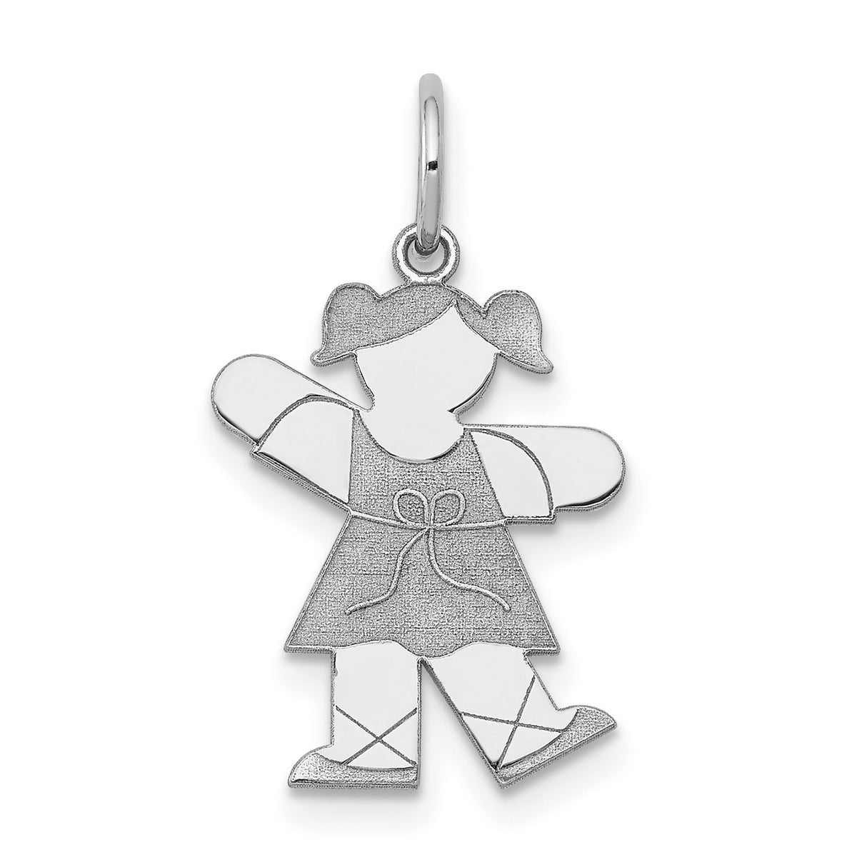14k White Gold Girl Charm Pendant with Pigtails and Dress, Family Symbol Jewelry