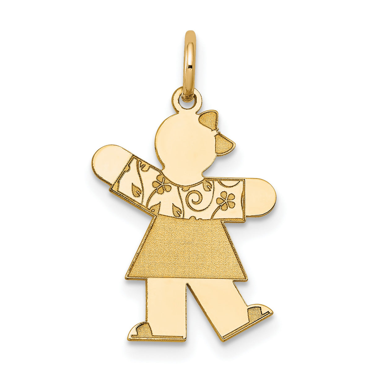 14k Yellow Gold Girl Pendant with Cutout Design and Bow Detail, Floral Family Charm