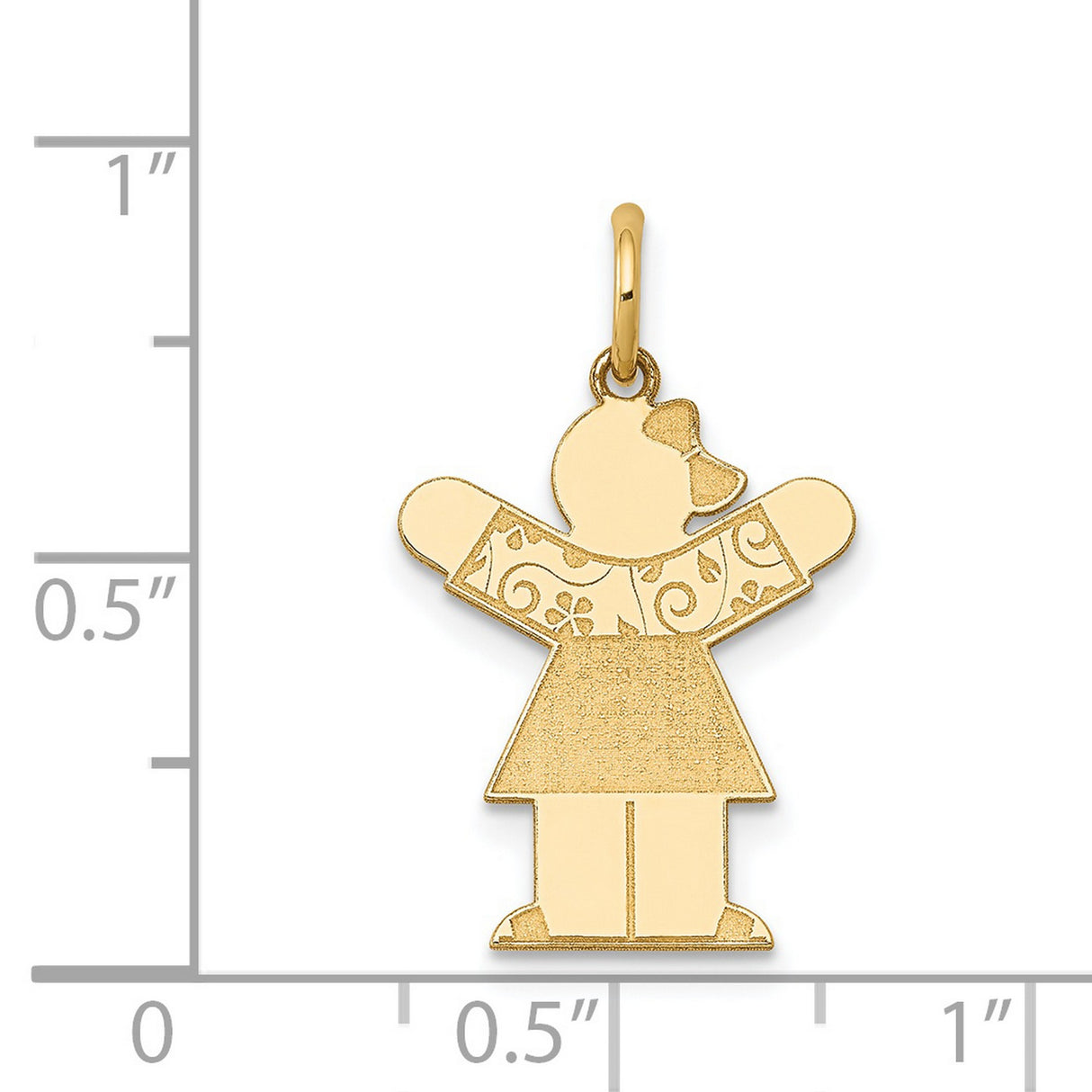14k Yellow Gold Girl Charm Pendant with Raised Arms, Swirl Engraving, Bow Detail