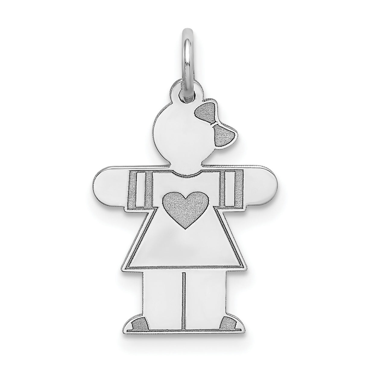 14k White Gold Girl Charm Pendant with Heart Dress and Bow, Symbolic Family Keepsake