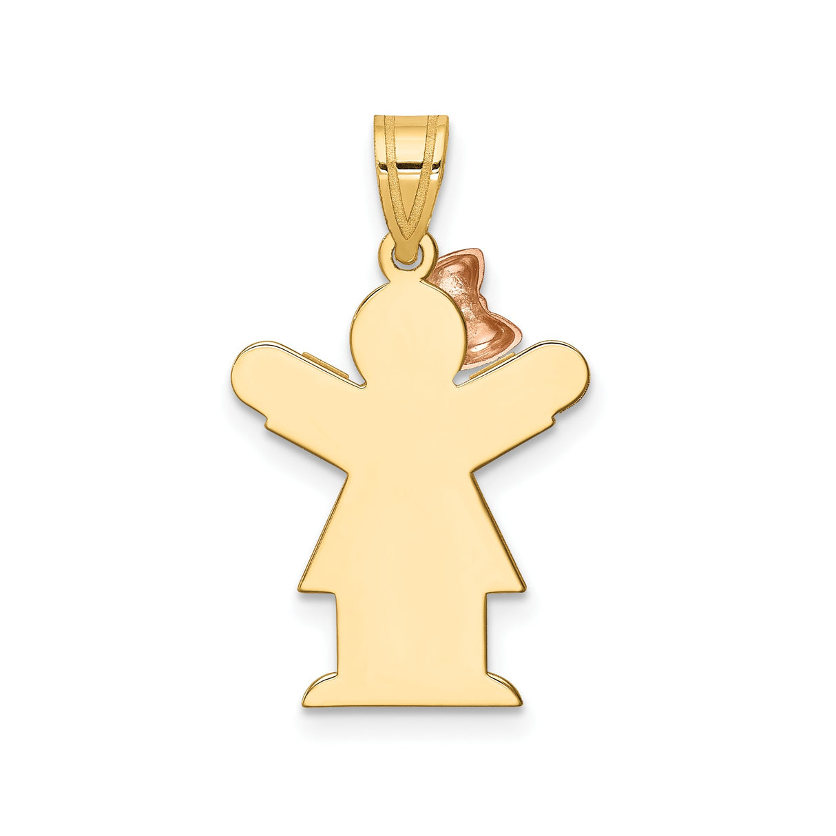 14k Two-Tone Gold Girl Pendant with Rose Gold Dress and Bow, Matte Satin Finish Charm