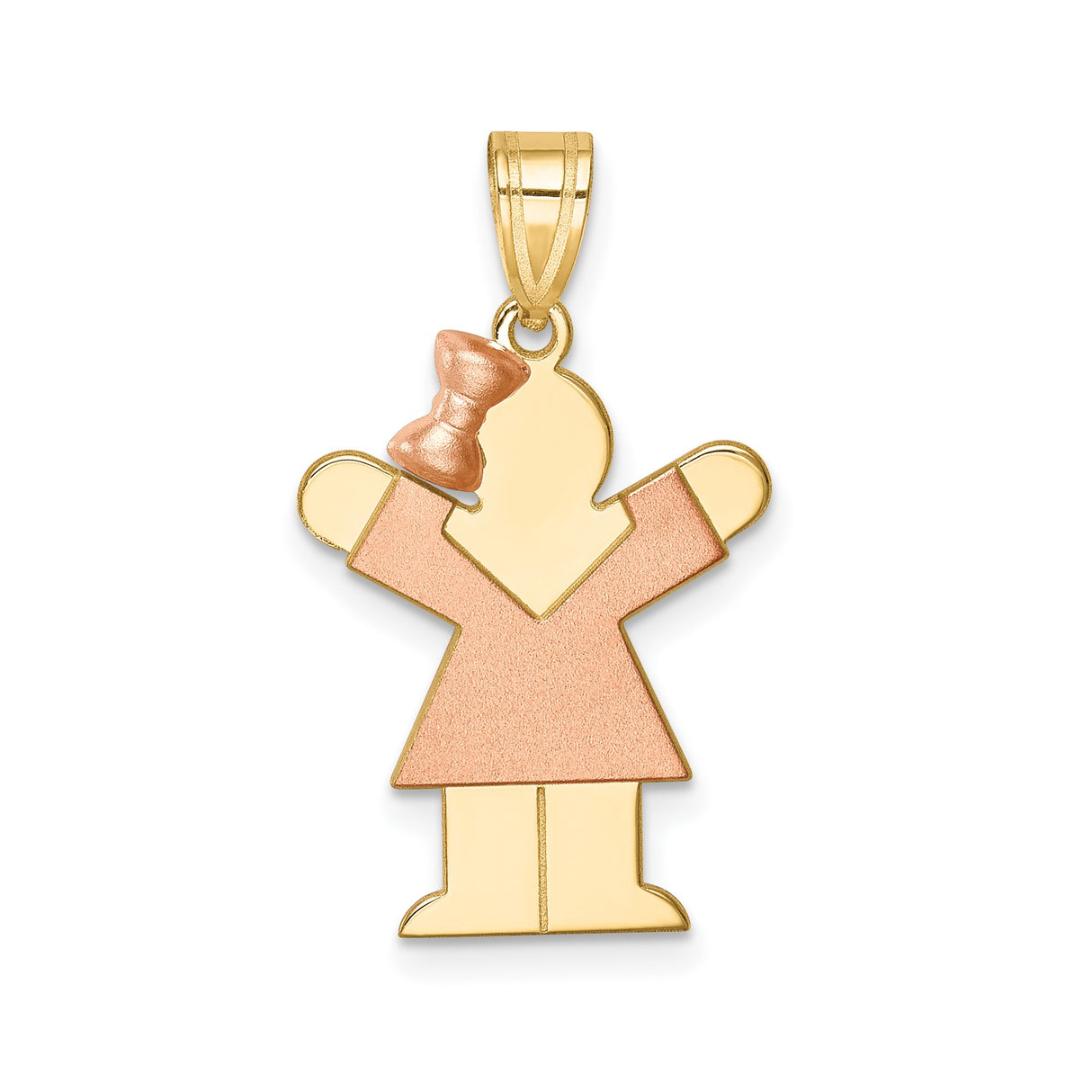 14k Two-Tone Gold Girl Pendant with Rose Gold Dress and Bow, Matte Satin Finish Charm