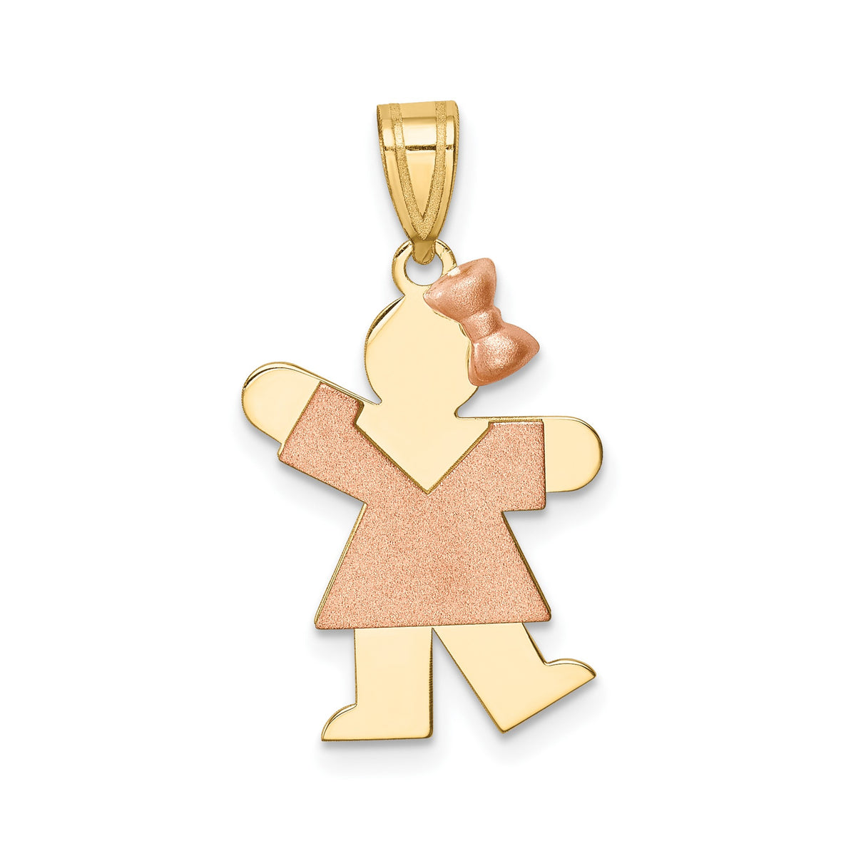 14k Two-Tone Gold Girl Pendant with Rose Gold Dress and Bow Accent, Family Charm