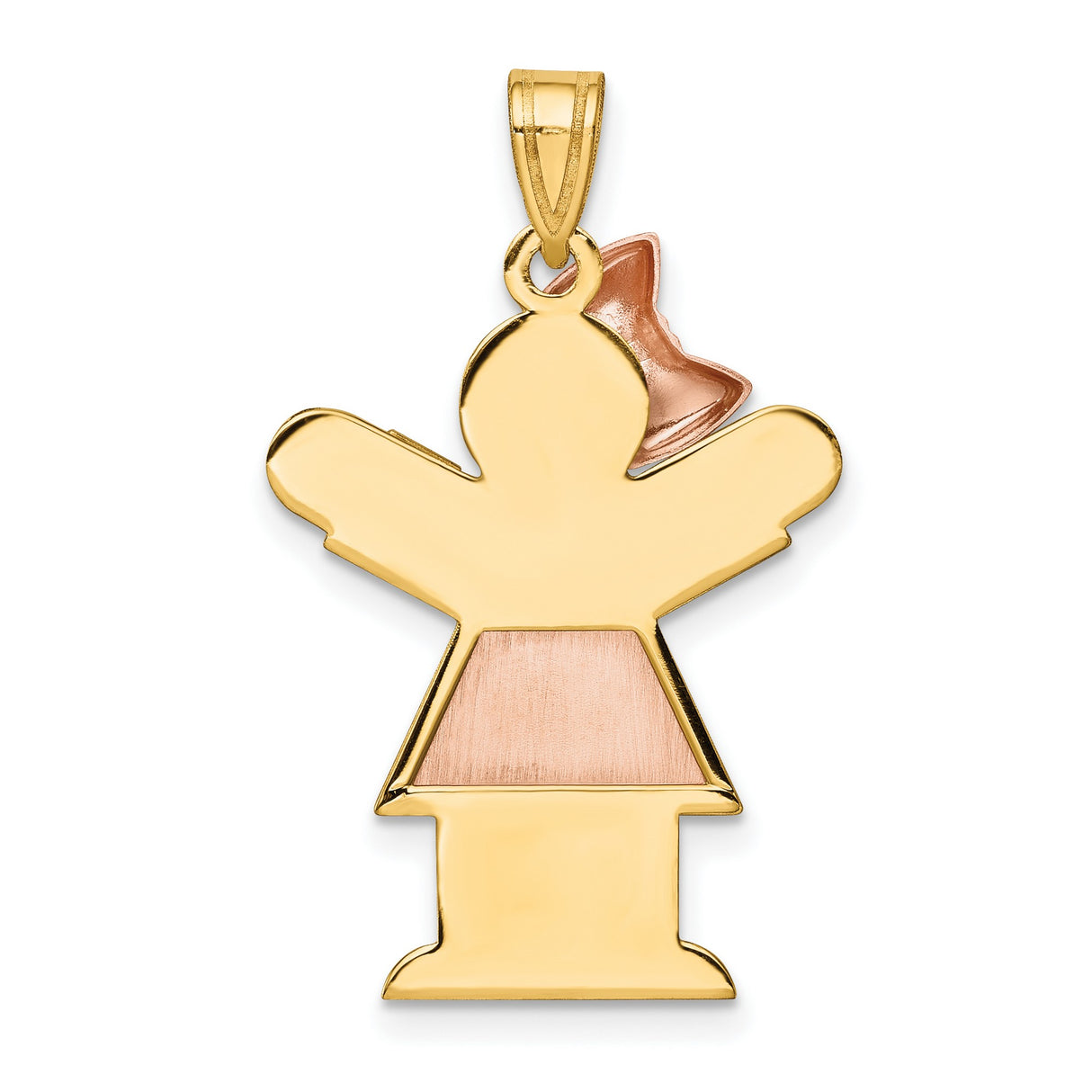 Large Girl w Bow on Left Engravable Charm Pendant in Real 14k Multi-Tone Gold