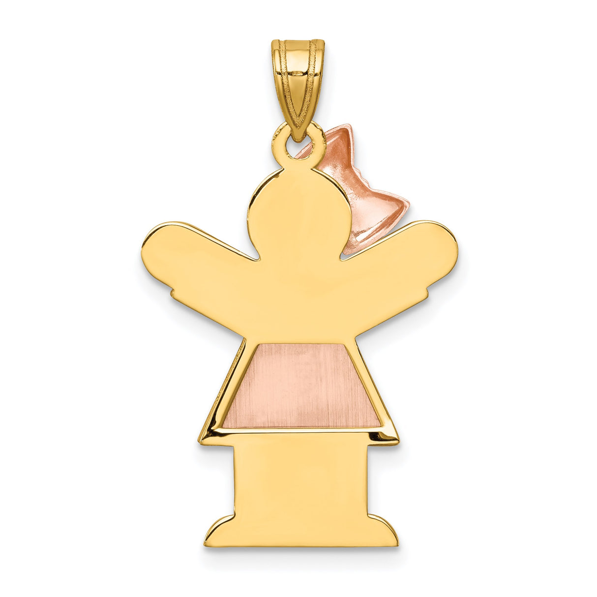 14k Two-Tone Gold Girl Pendant with Rose Gold Dress and Bow, Sentimental Family Charm