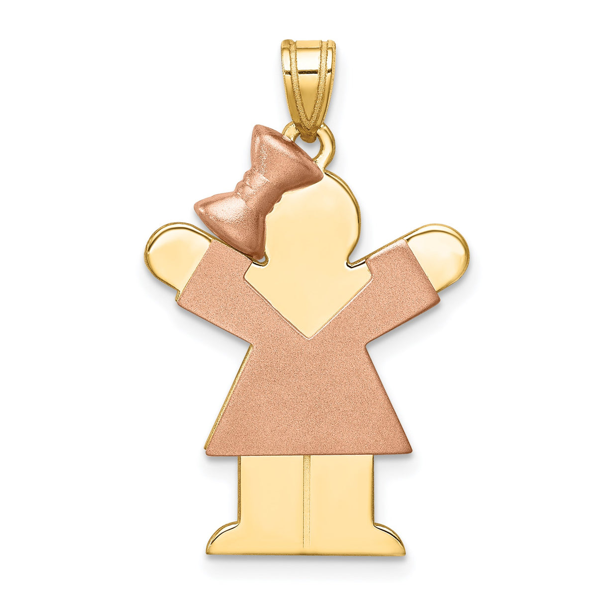 14k Two-Tone Gold Girl Pendant with Rose Gold Dress and Bow, Sentimental Family Charm