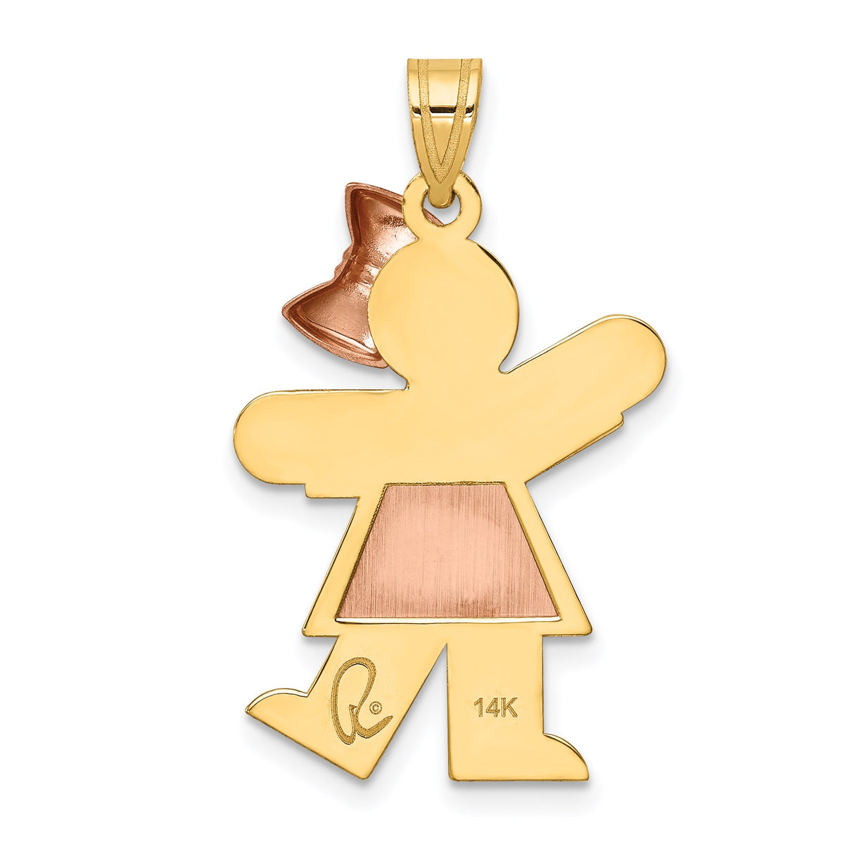 14k Two-Tone Gold Girl Pendant with Dress and Bow Detail, Engravable Family Charm
