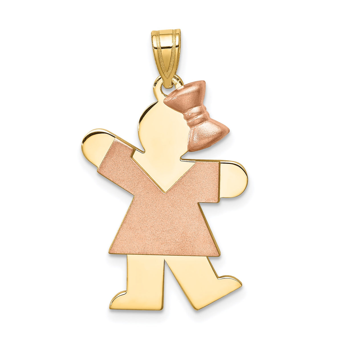 14k Two-Tone Gold Girl Pendant with Dress and Bow Detail, Engravable Family Charm