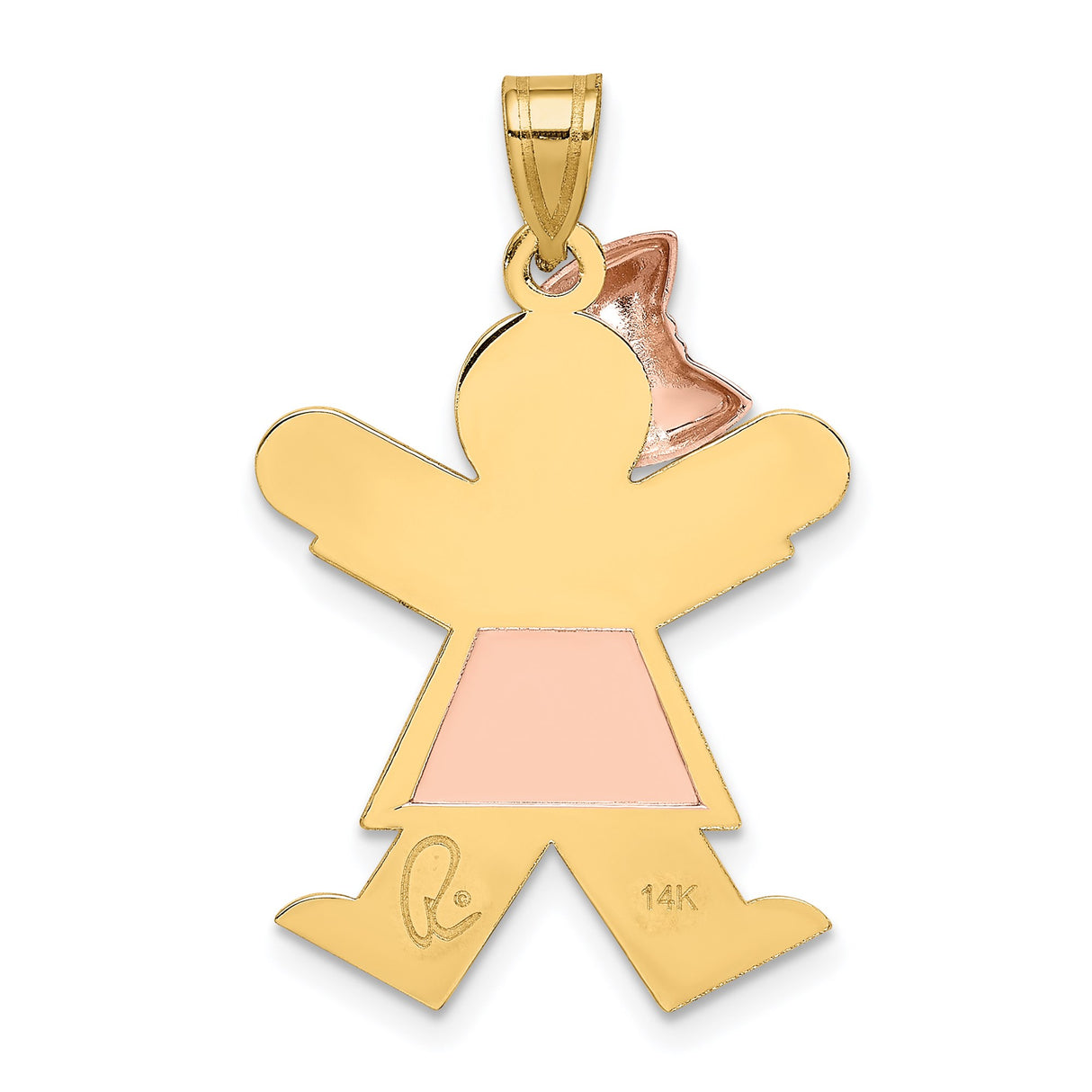 14k Multi-Tone Gold Girl Pendant with Rose Gold Dress and Bow, Cutout Silhouette Charm
