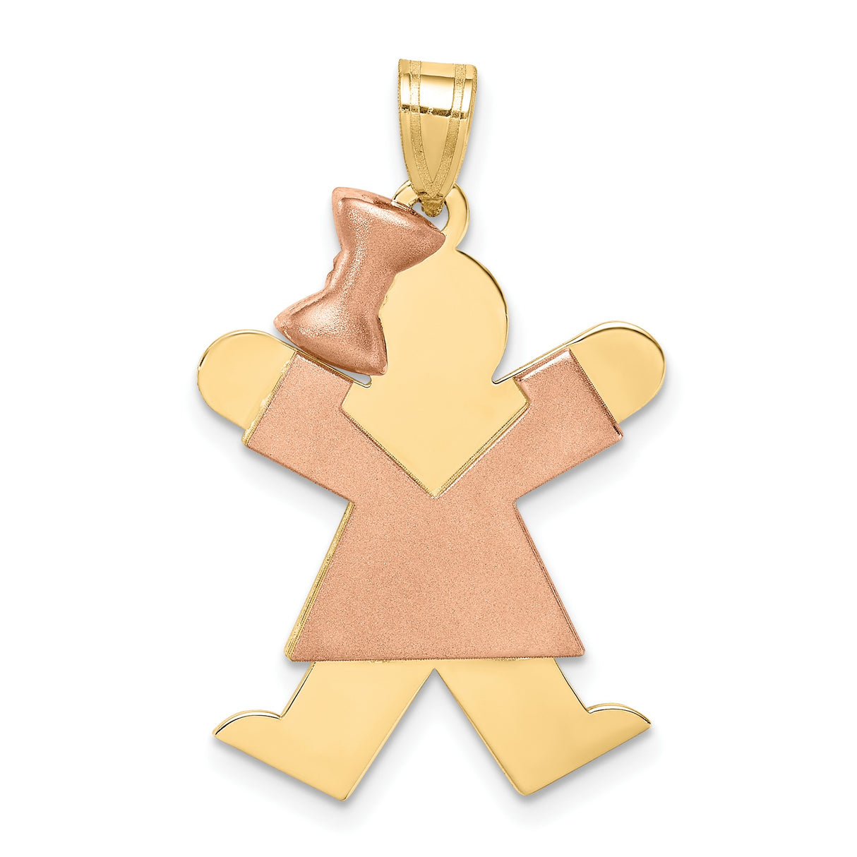 14k Multi-Tone Gold Girl Pendant with Rose Gold Dress and Bow, Cutout Silhouette Charm