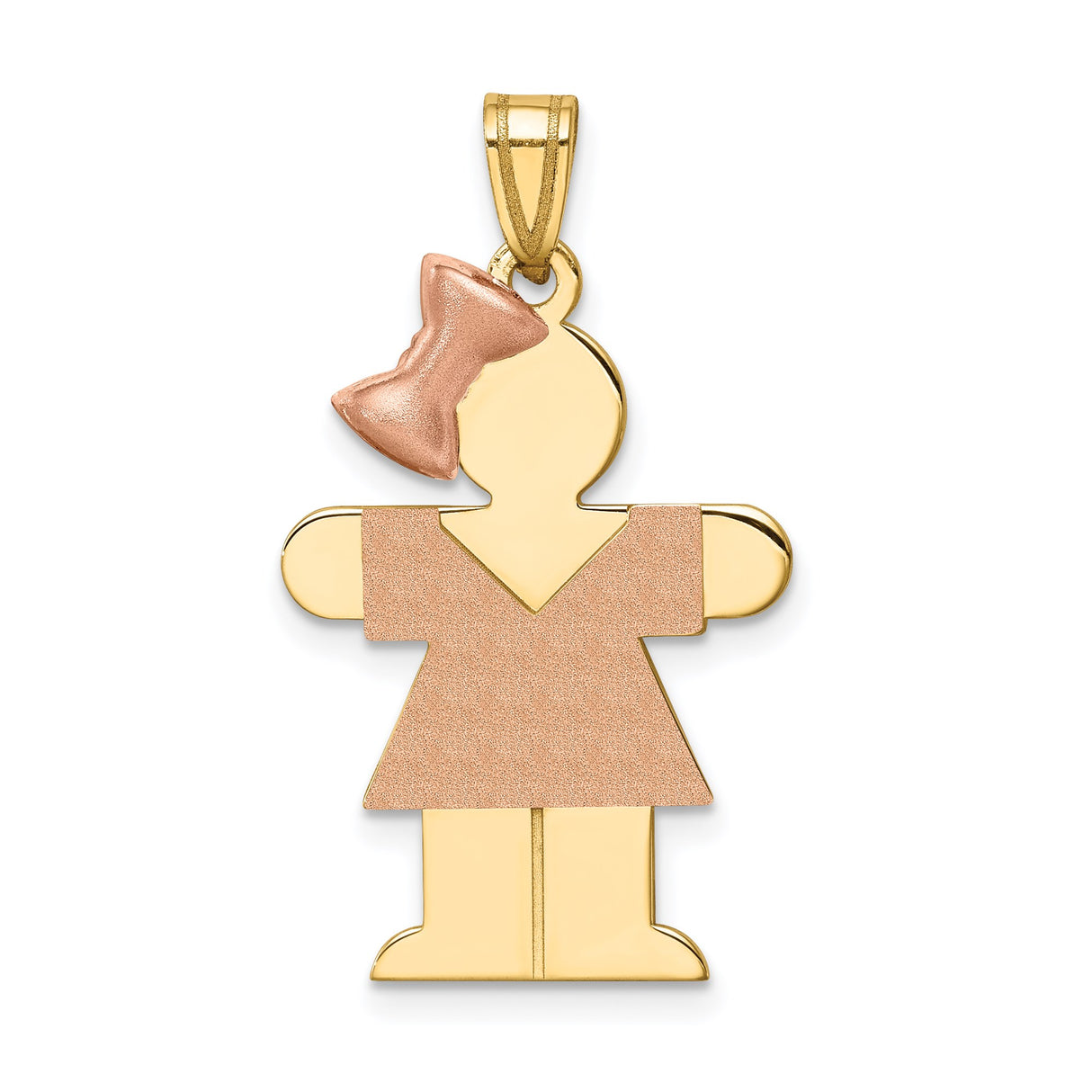 14k Two-Tone Gold Girl Pendant with Rose Gold Dress and Bow, Daughter Charm Jewelry