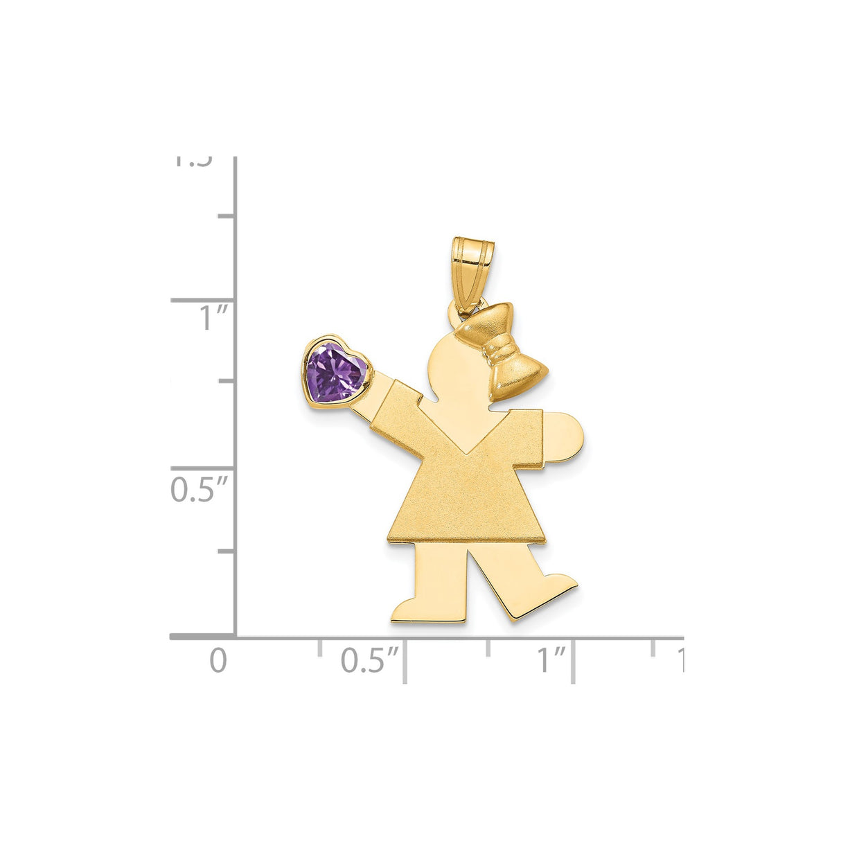 14k Yellow Gold Girl Pendant with Heart-Shaped Synthetic Purple Gemstone, Bow Design Charm