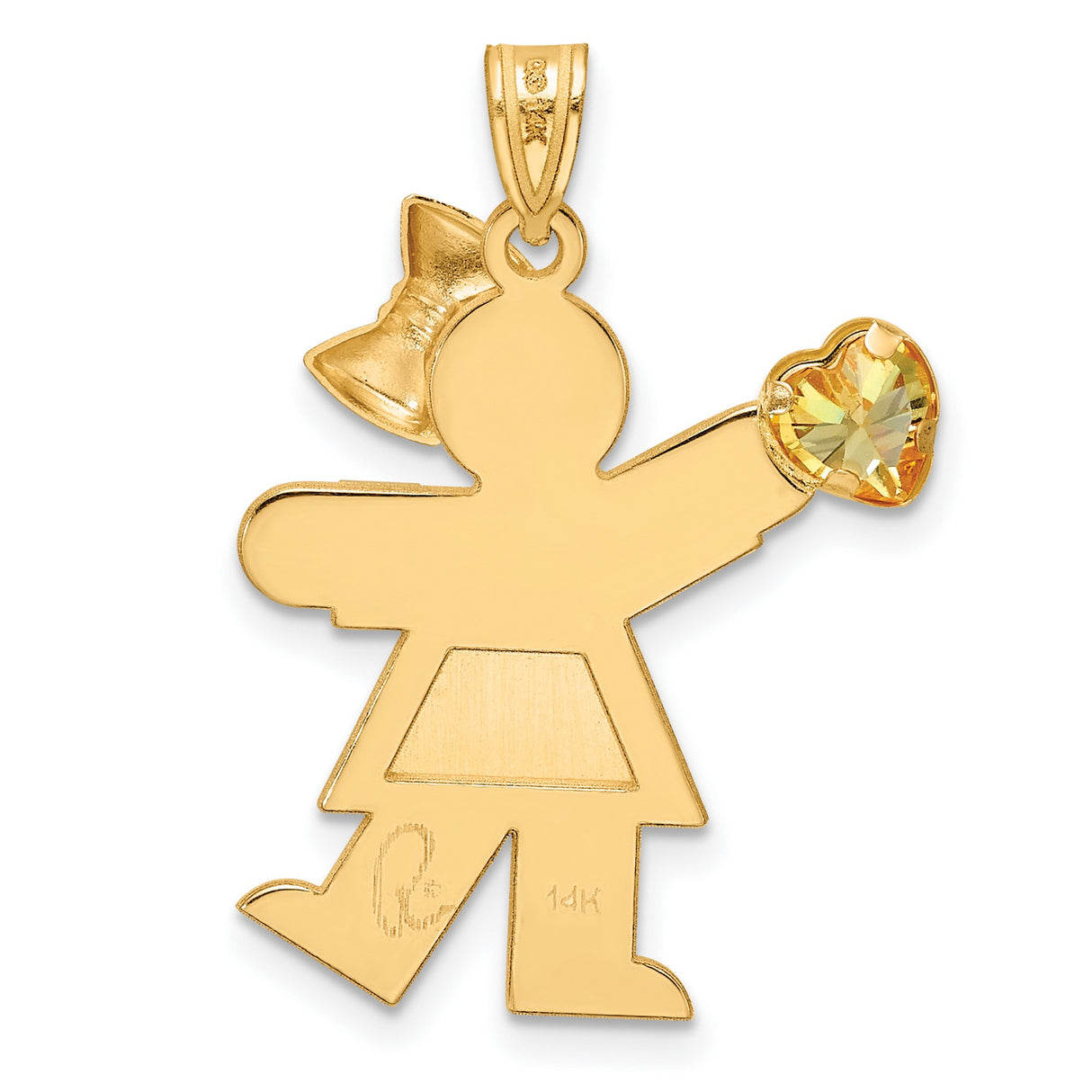 14k Yellow Gold Pendant with Girl Holding Heart, Synthetic Birthstone, Sentimental Family Charm