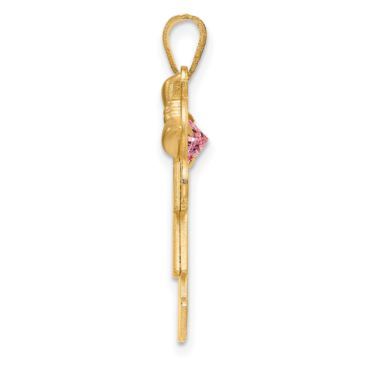 14k Yellow Gold Girl Pendant with Pink Synthetic Birthstone Heart, Mother Daughter Charm