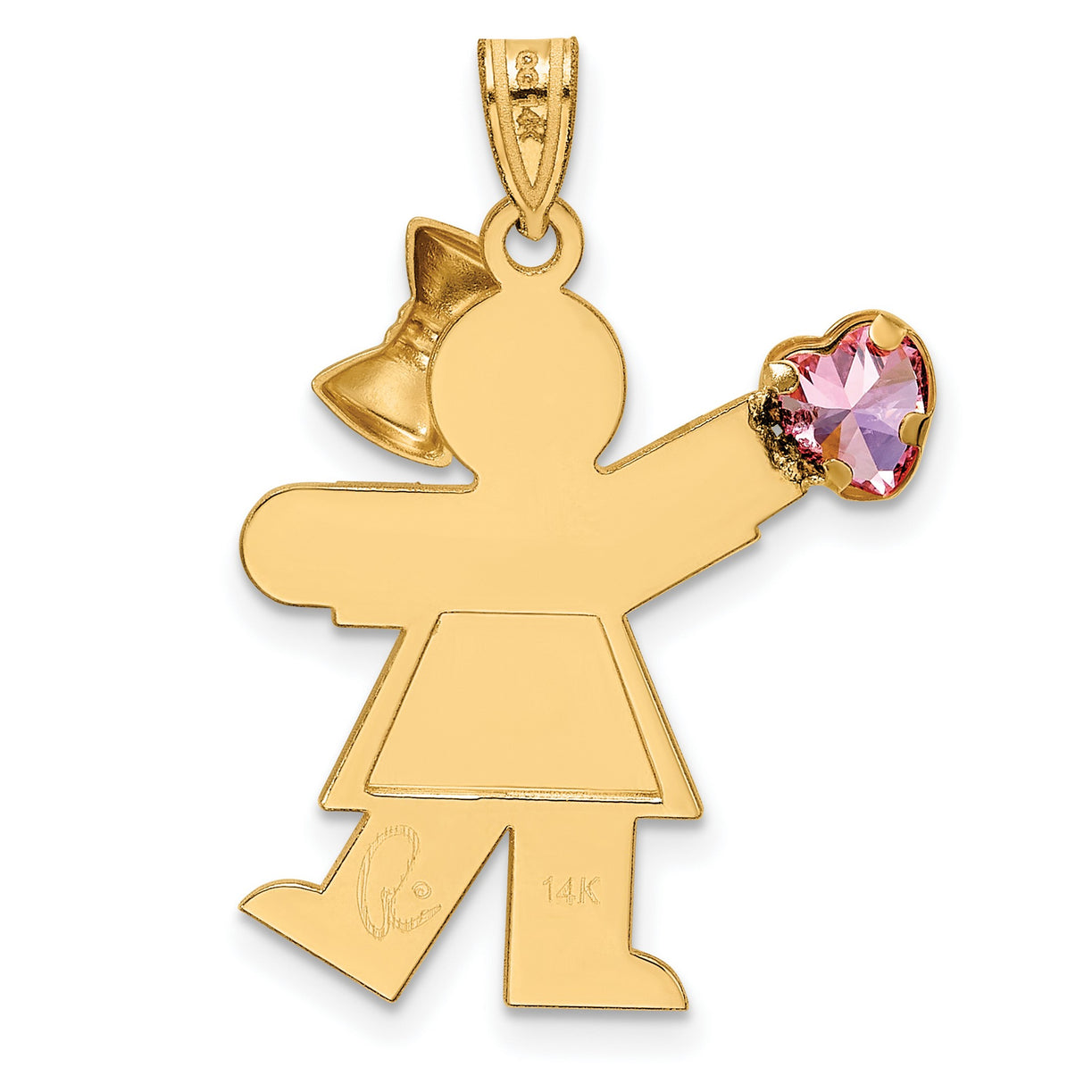 14k Yellow Gold Girl Pendant with Pink Synthetic Birthstone Heart, Mother Daughter Charm