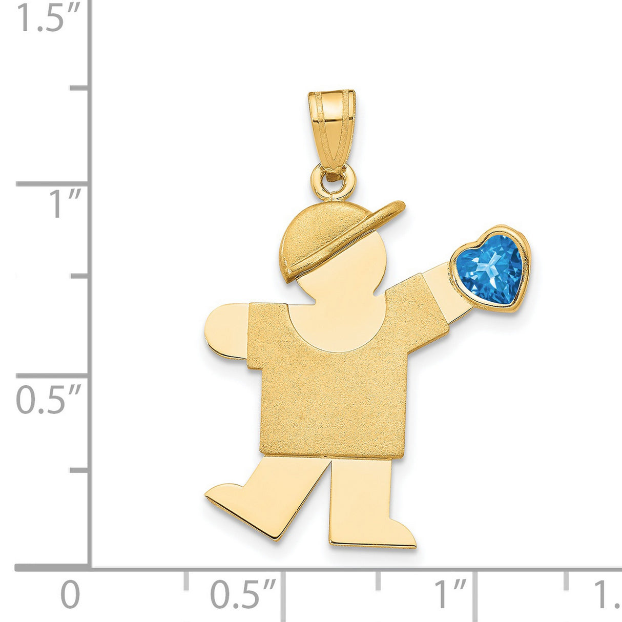 14k Yellow Gold Boy Pendant with Synthetic Blue Heart Birthstone, Cap Detail, Family Charm