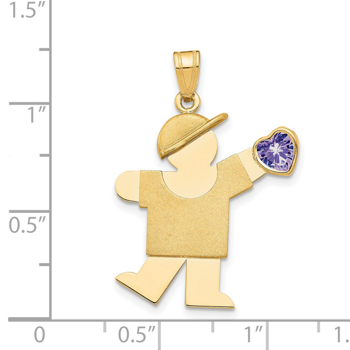 14k Yellow Gold Boy Pendant with Purple Heart Synthetic Birthstone, Cap Design, Family Charm