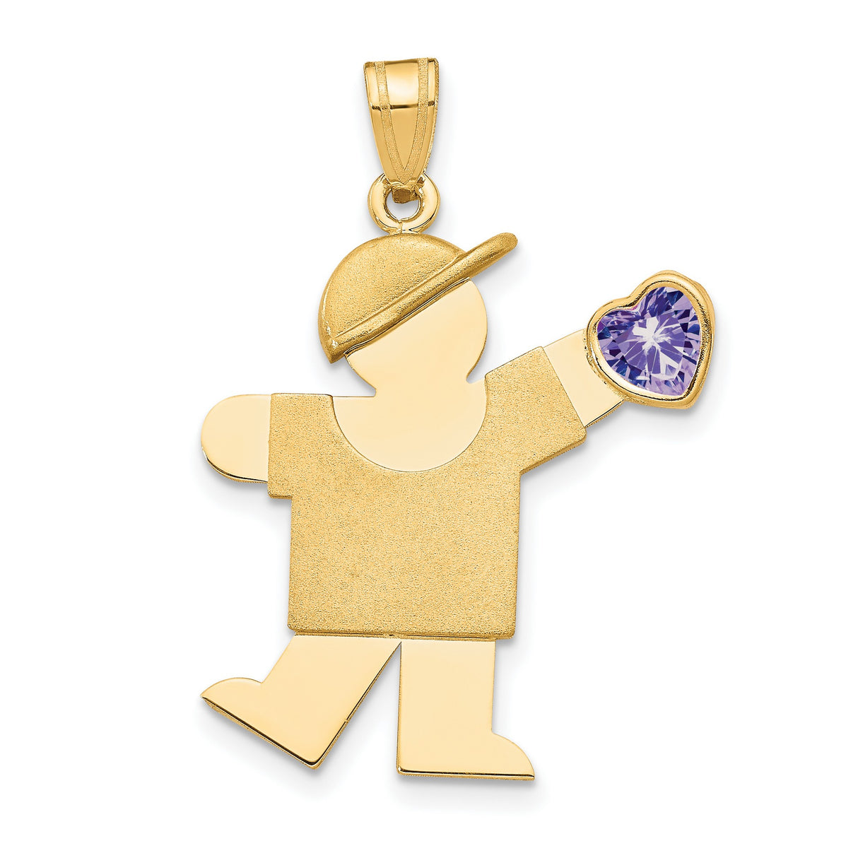 14k Yellow Gold Boy Pendant with Purple Heart Synthetic Birthstone, Cap Design, Family Charm