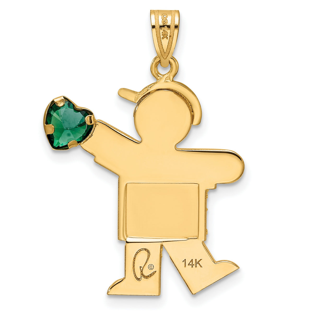 14k Yellow Gold Boy Pendant with Synthetic Emerald Heart, Mother and Family Charm