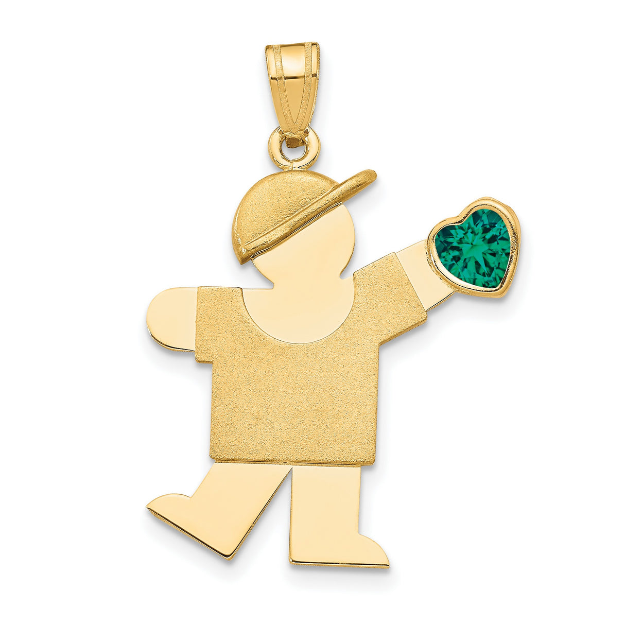 14k Yellow Gold Boy Pendant with Synthetic Emerald Heart, Mother and Family Charm