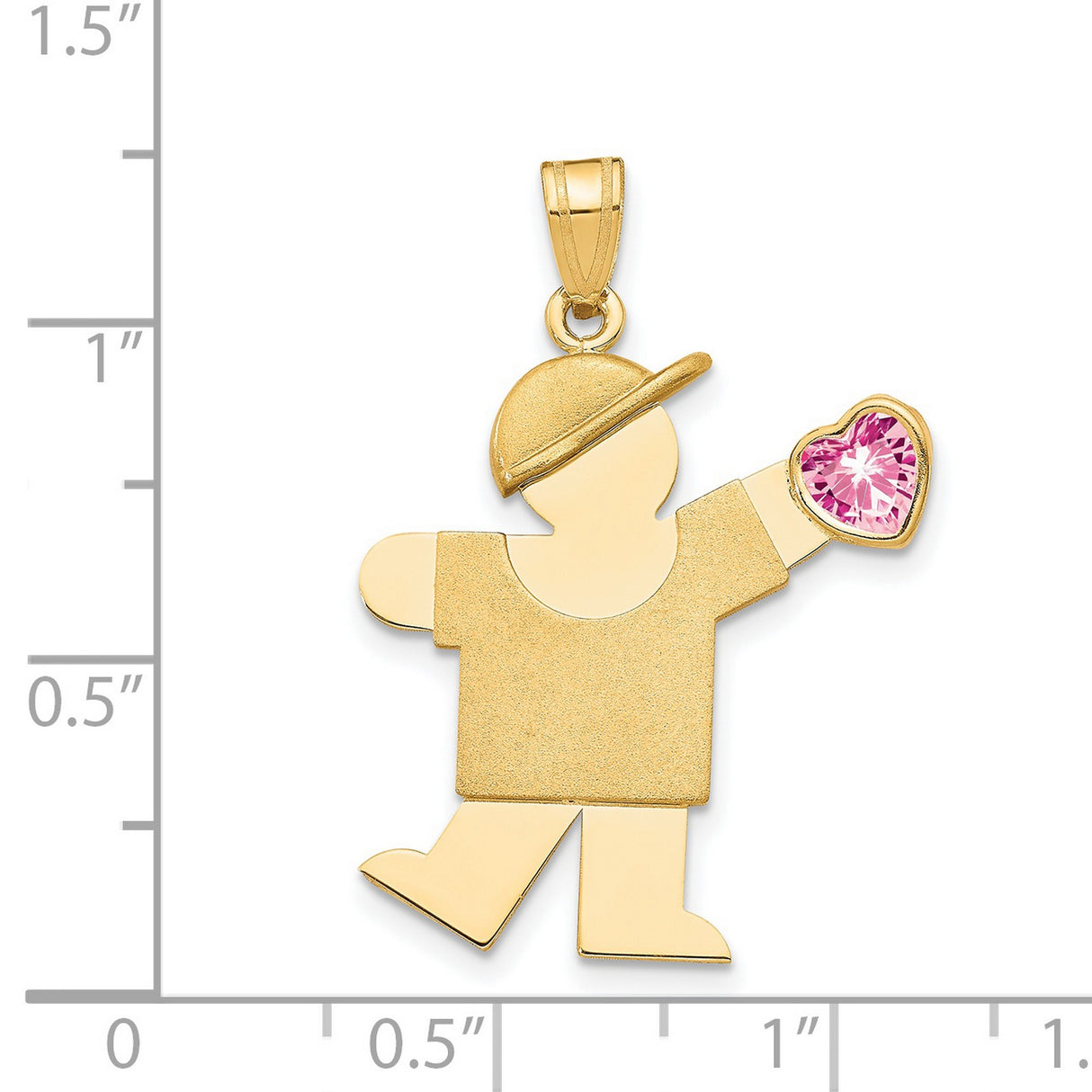 14k Yellow Gold Boy Pendant with Pink Synthetic Birthstone, Heart and Cap Design, Family Keepsake Charm