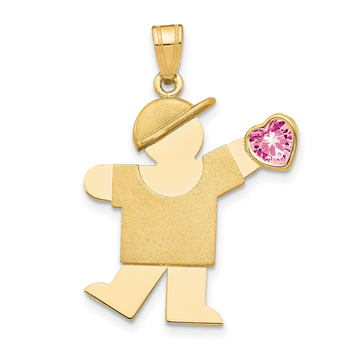 14k Yellow Gold Boy Pendant with Pink Synthetic Birthstone, Heart and Cap Design, Family Keepsake Charm