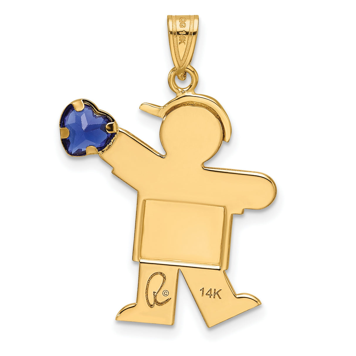14k Yellow Gold Boy Pendant with Baseball Cap and Blue Heart Cubic Zirconia, Family Charm Jewelry