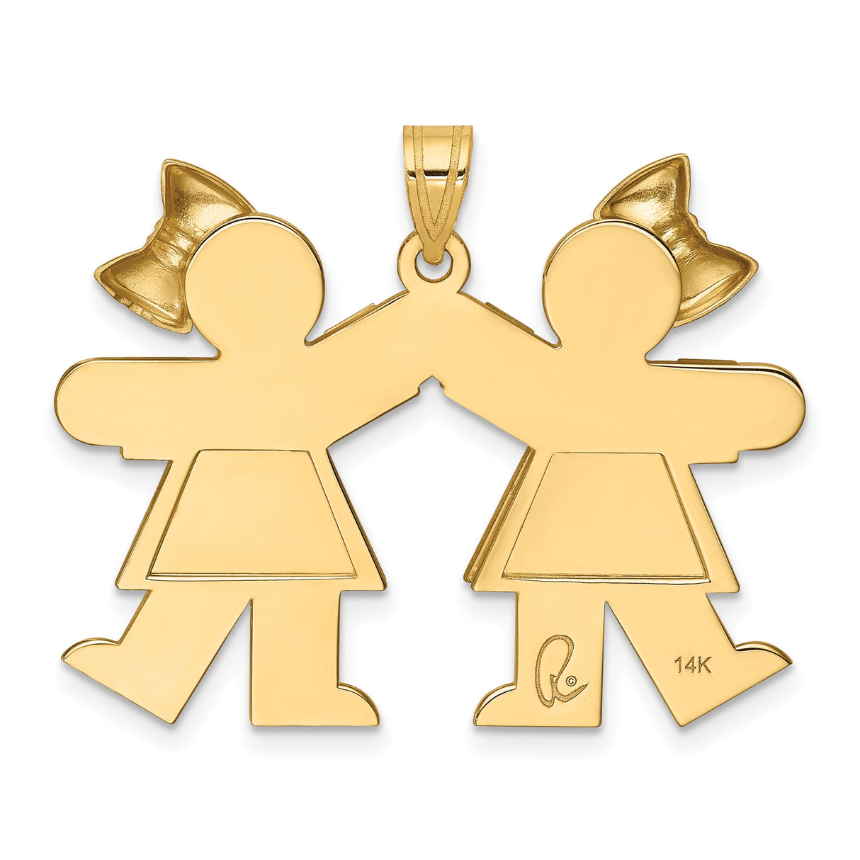 14k Yellow Gold Pendant with Two Stylized Girls Holding Hands, Family Bond Theme