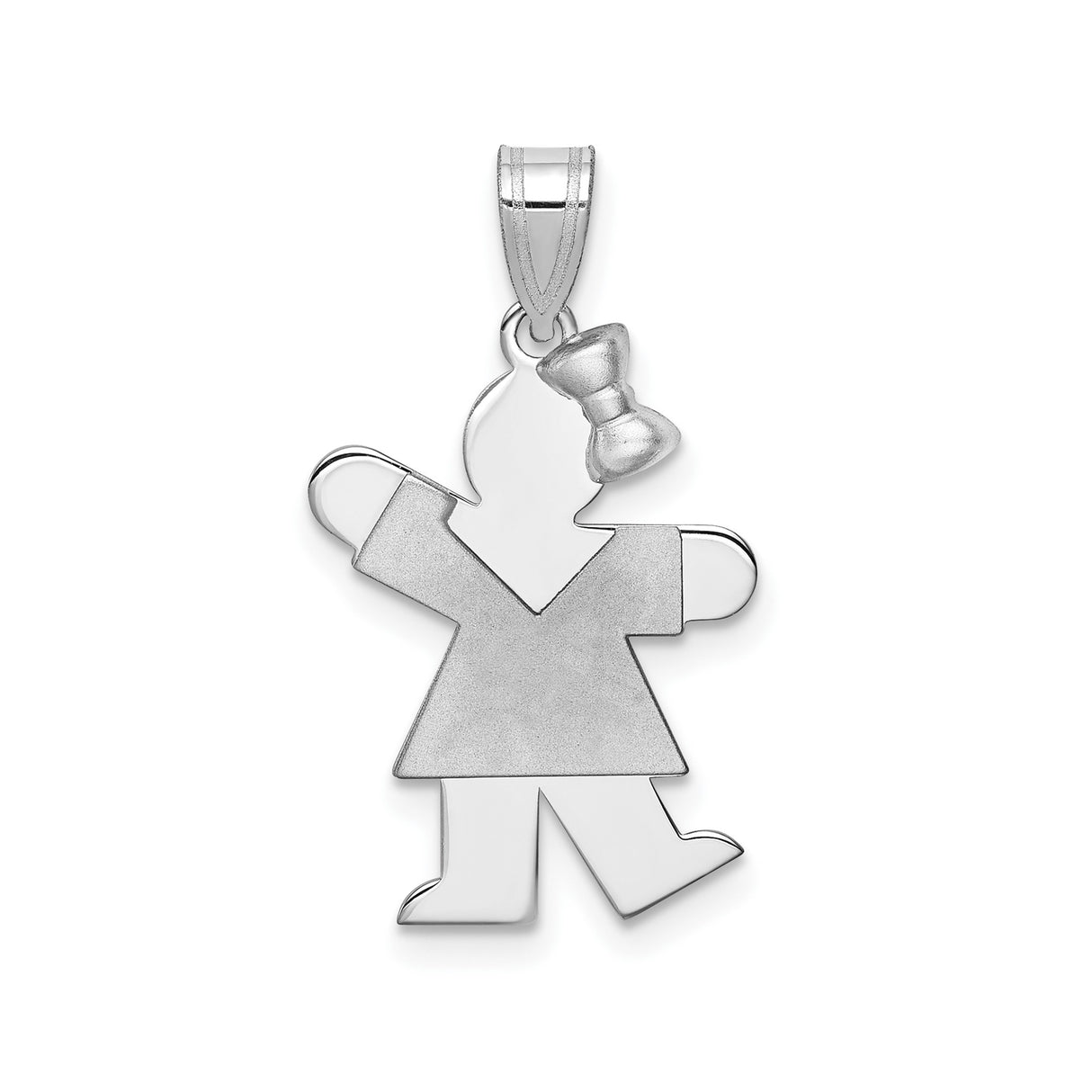 14k White Gold Girl Pendant Charm with Matte Dress and Polished Bow Detail