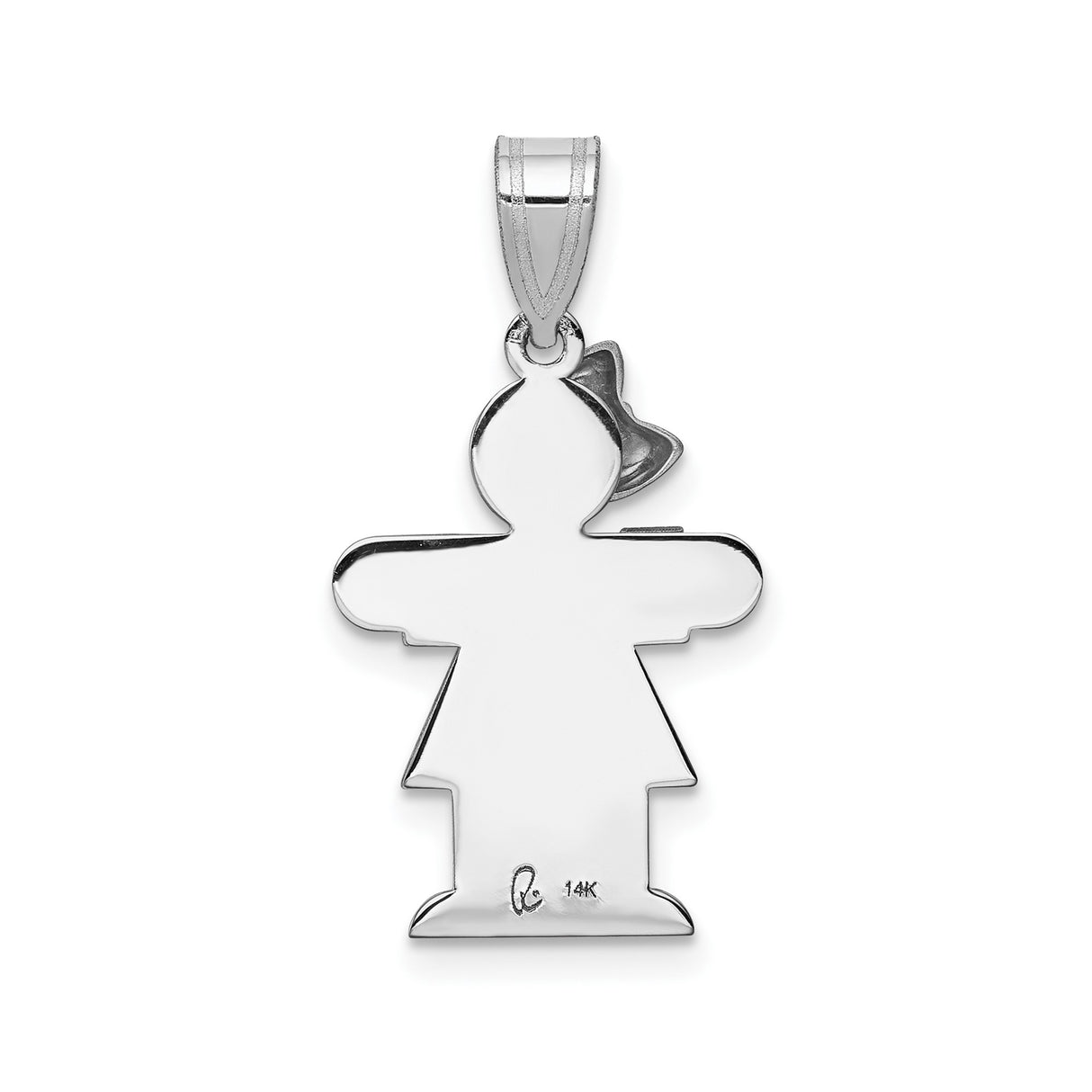 14k White Gold Girl Shaped Pendant with Matte Dress and Polished Bow Detail