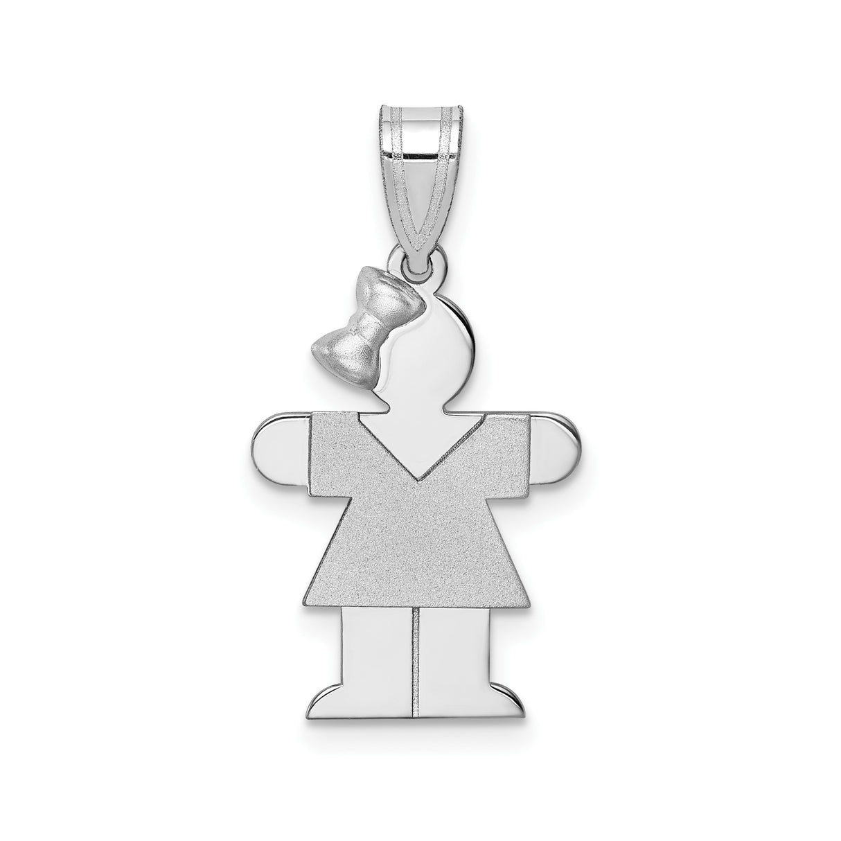 14k White Gold Girl Shaped Pendant with Matte Dress and Polished Bow Detail