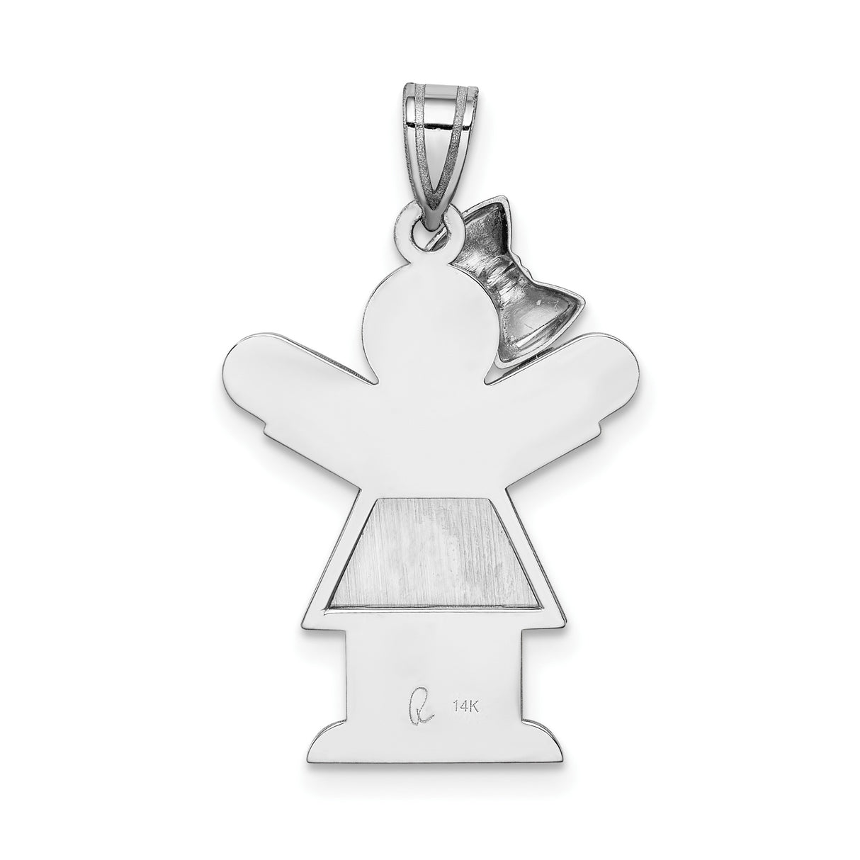 14k White Gold Girl Silhouette Pendant Charm with Bow Detail, Matte and Polished Finish