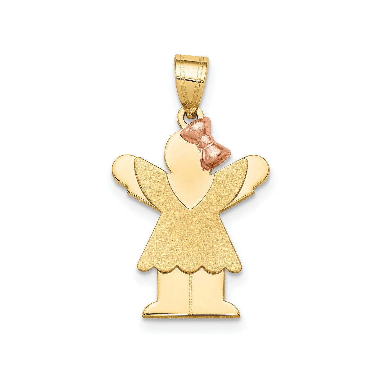 14k Two-Tone Gold Girl Pendant with Rose Gold Bow, Stylized Figure Charm for Women